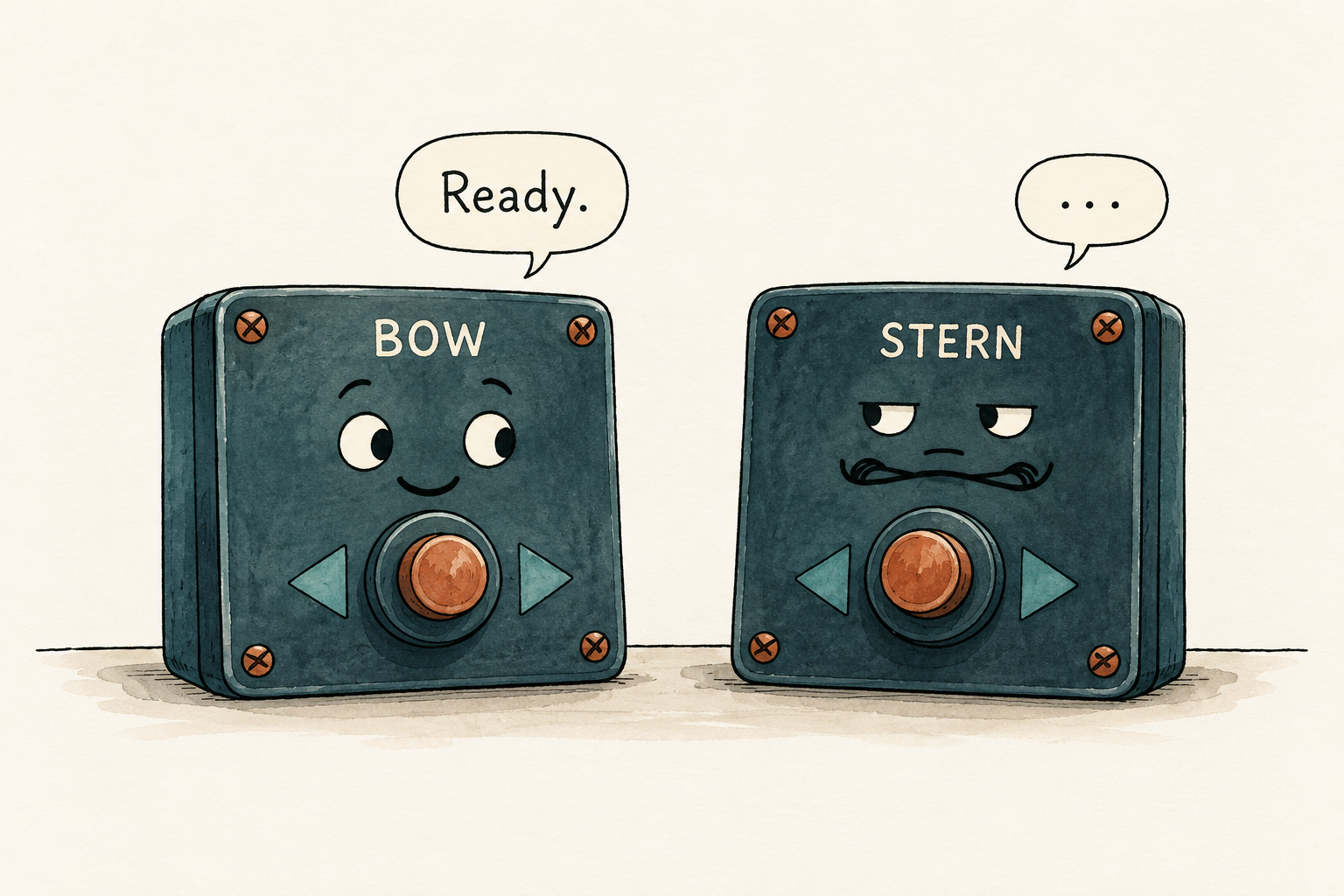 Cartoon of a bow controller saying Ready while a stern controller folds its arms and stays silent